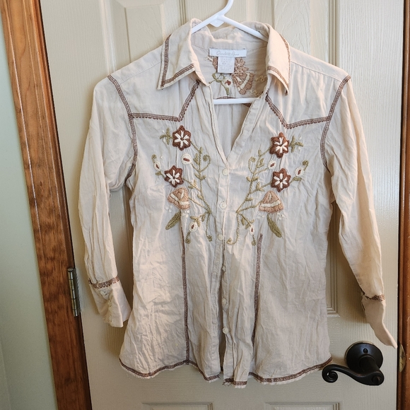 Cotton embroidered western button down shirt ¾ sleeves medium 🍄 feature🌻 - Picture 1 of 9